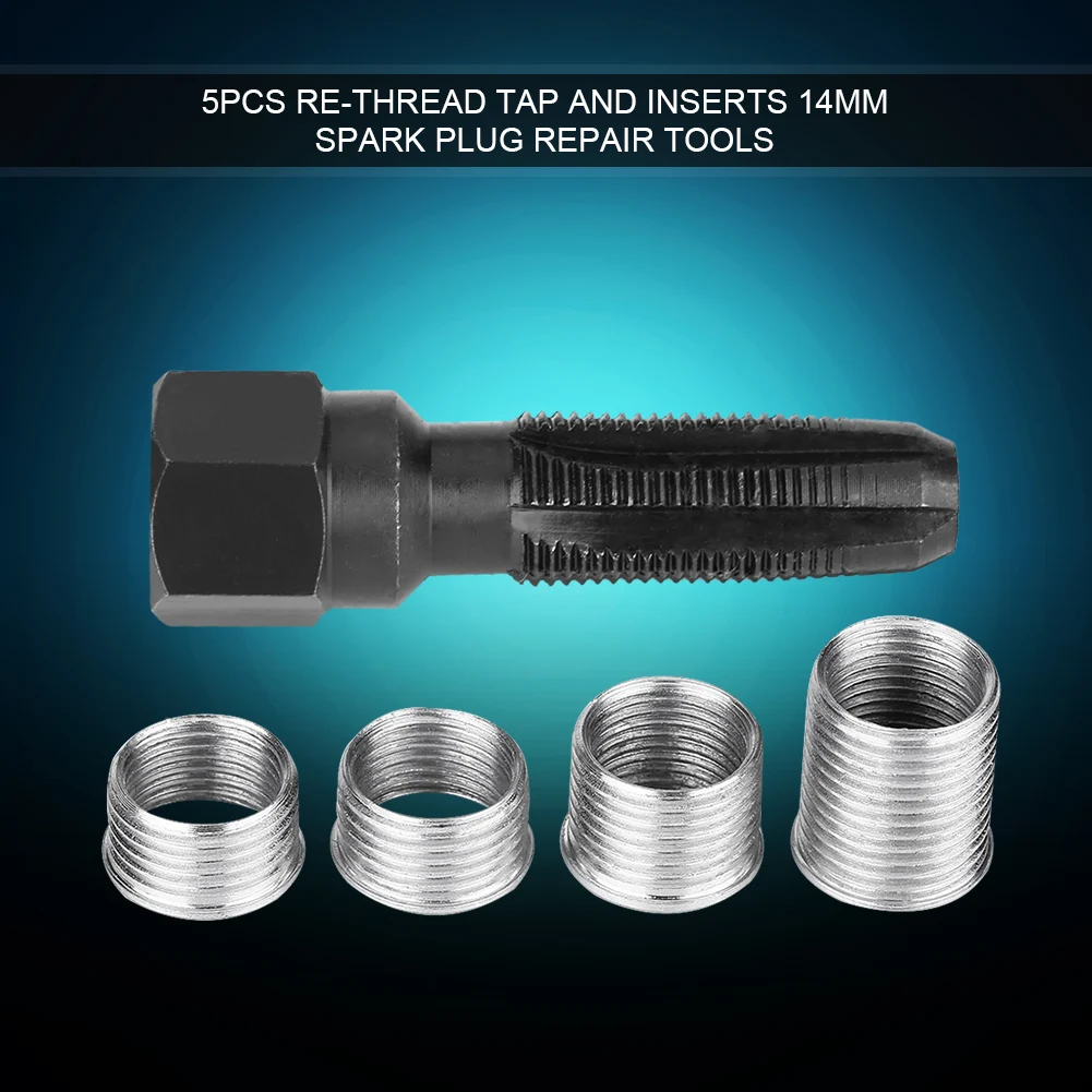5Pcs Carbon Steel Spark Plug Re-thread Repair Tool Tap Reamer Inserts Kit 14mm For Spark Plug Thread Repairing
