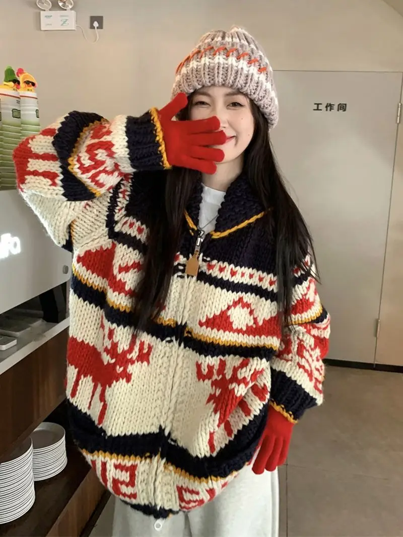 Korejpaa Autumn Winter Coat Knitted Cardigan Christmas Zipper Reindeer Sweater Cardigans Versatile Warm Ladies Top Jacket