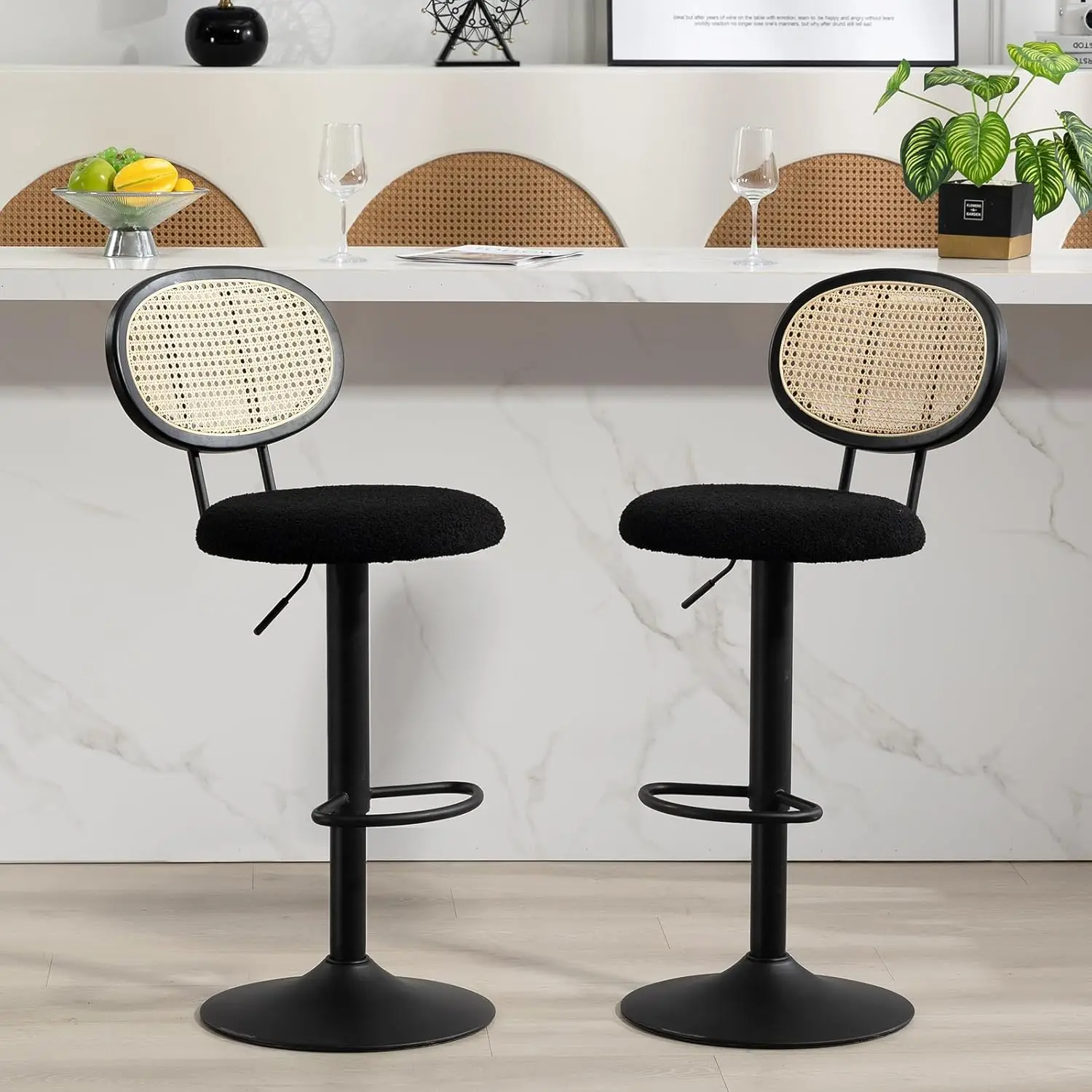 Finnhomy Modern Rattan Bar Stools Set of 2 - Natural Woven Design, Swivel Seat, Footrest, and Cane Backrest Bar Stools