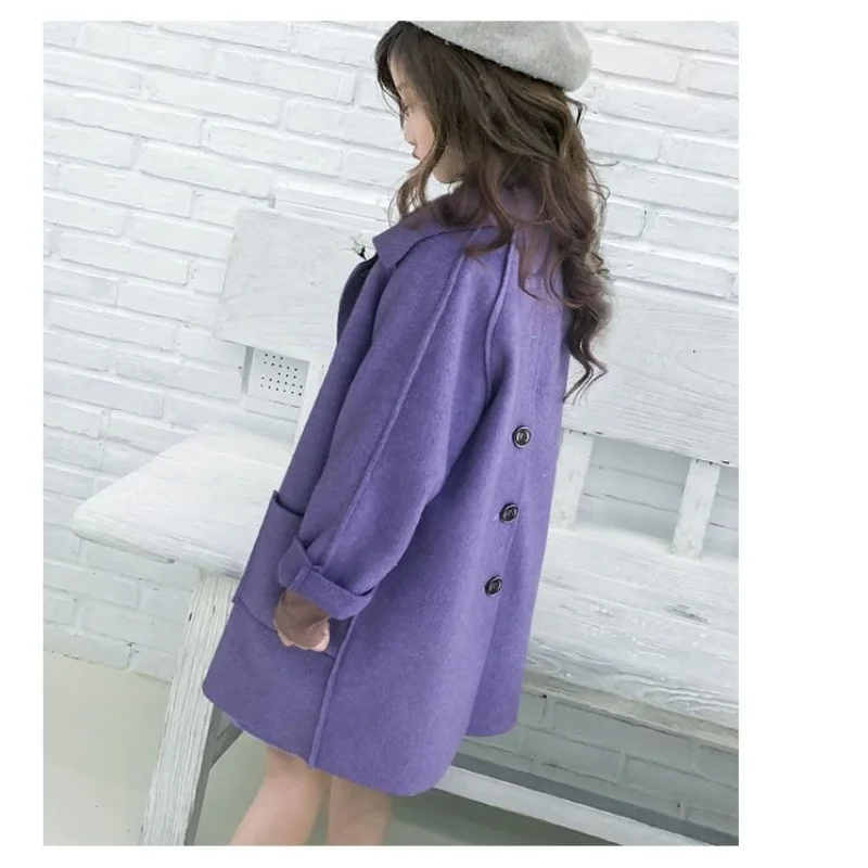 2023 Spring and Autumn New Girls\' Solid Color Fashion Versatile Windproof Warm Polo Collar Woolen Long Coat for 4-10 Years