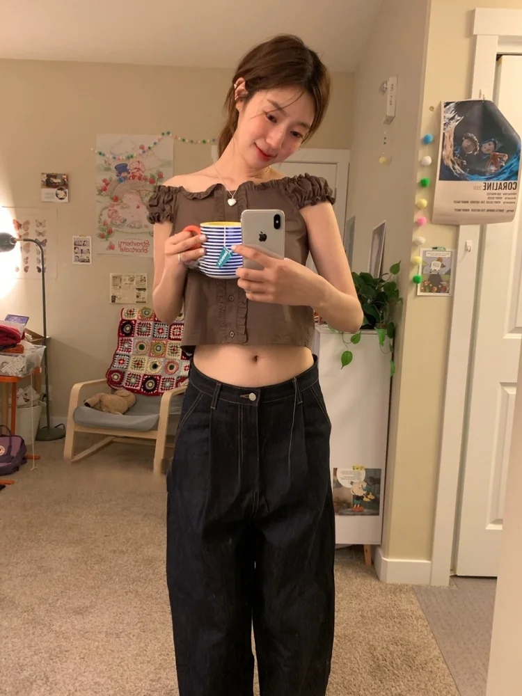 Haut amincissant coréen Sle Sweet Simple Pure Desire Bubble Sve One oulder irt pour jeunes femmes ort Sve coupe droite