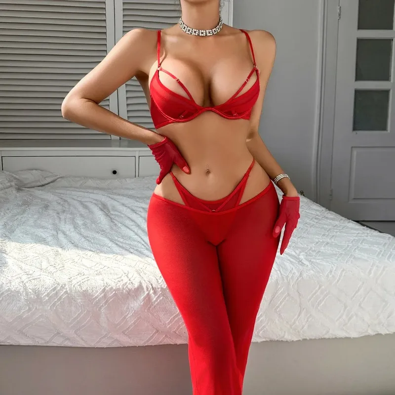 

New Sexy Lingerie Sets Strappy Push Up Bra Mesh Long Pants Gloves Red Exotic Underwear Dance Wear Party Bridal Exotic Custumes