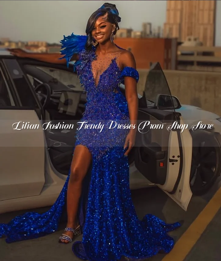 Tesoro azul Diamante largo sirena vestido de fiesta hombro apliques de plumas con cuentas Sexy Split fiesta africana vestidos de celebridades personalizados