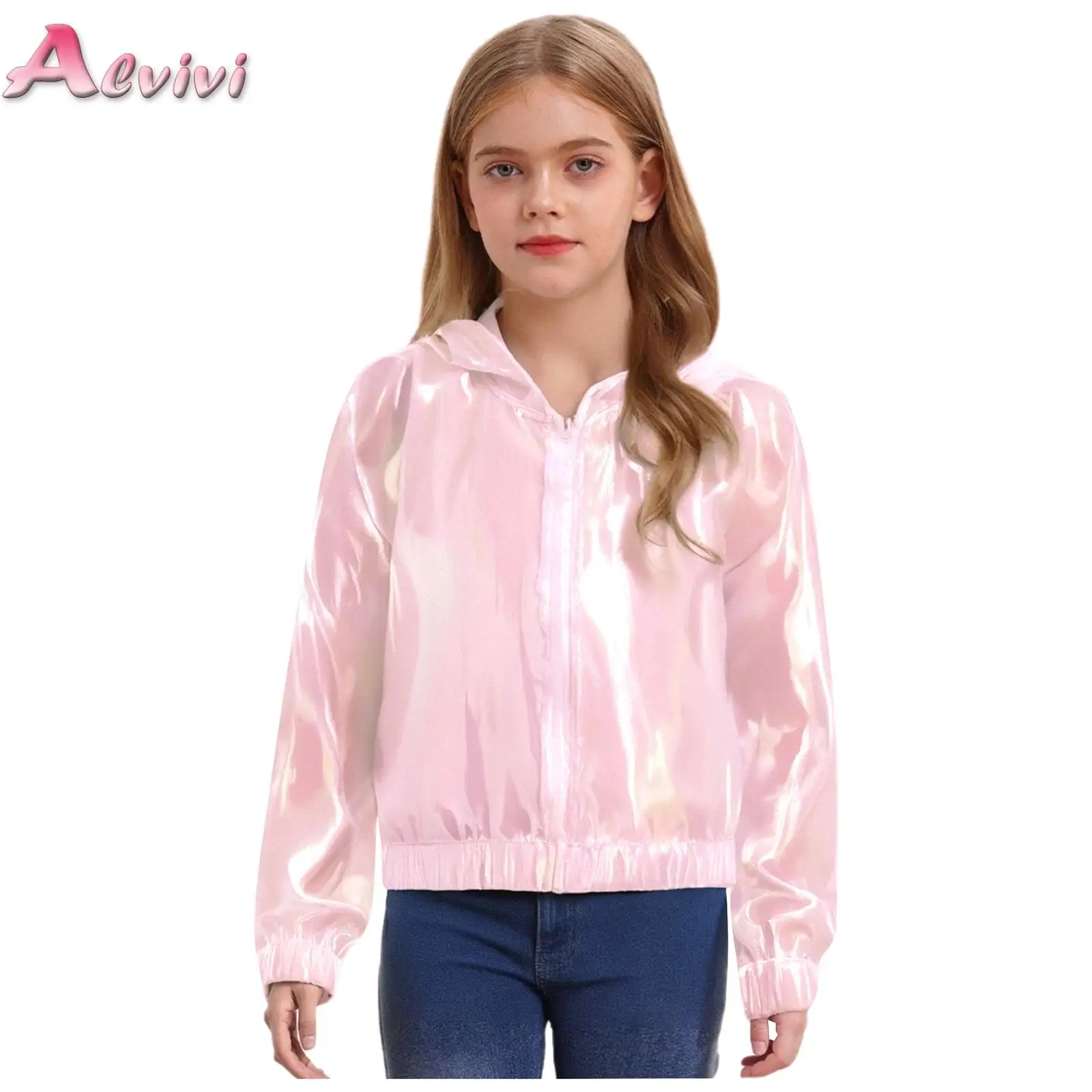 

Kids Girls Shimmery Jacket See-Through Outwear Fashion Light Long Sleeve Zipper Hooded Coat Sun Protective Clothing Streetwear