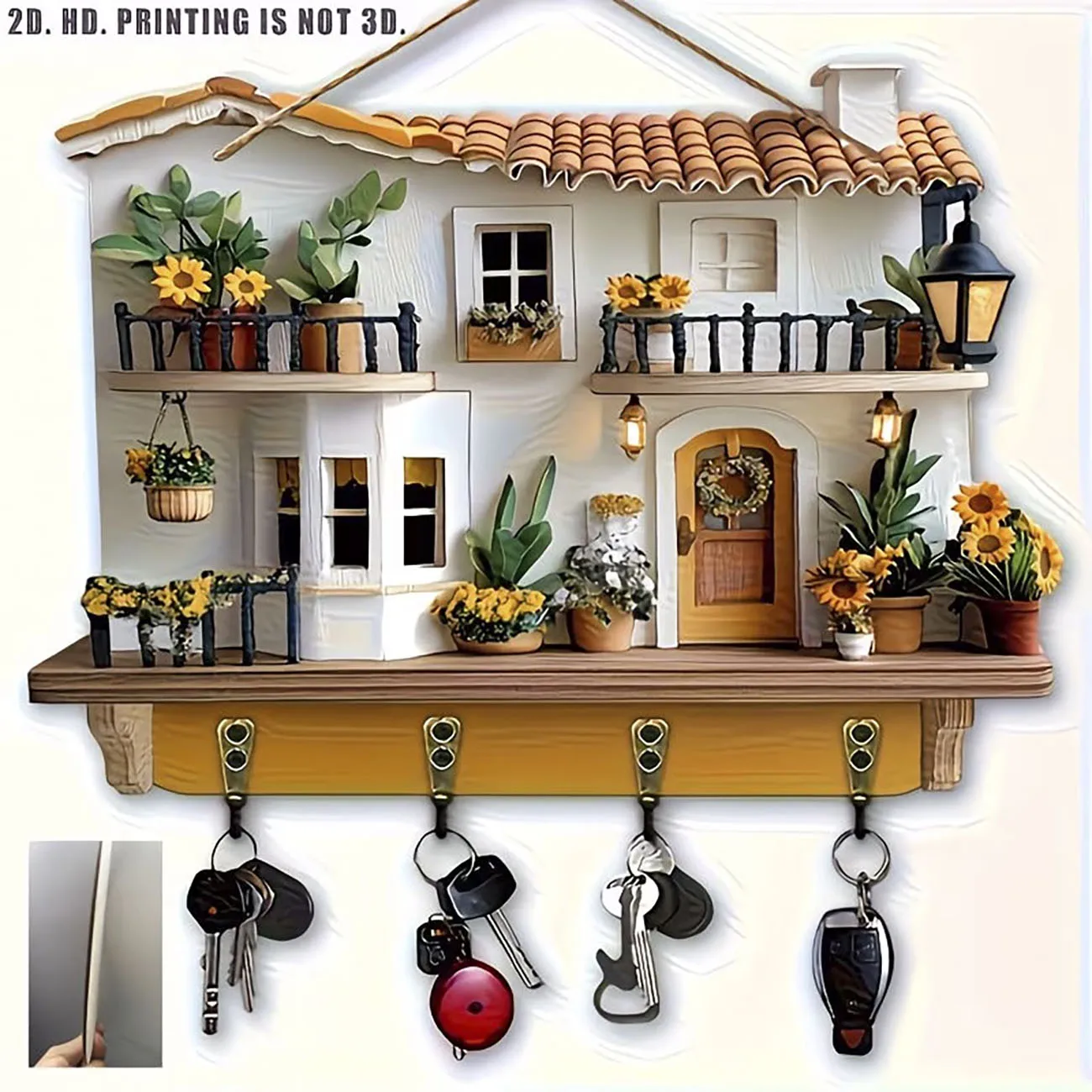 Cozy Cottage Key Hanger, 2D Flat Print Sunflower Balcony Design, Wall Mounted Key Holder