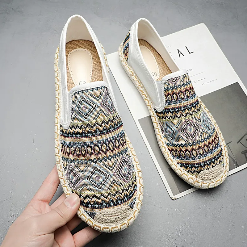 Sapato flats estilo étnico masculino, sapato confortável de lona com slip-on, mocassins respiráveis casuais, alpercatas verão, na moda