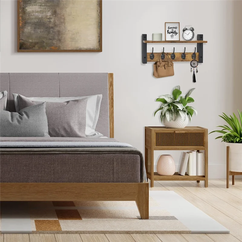 رف حائط عائم مع خطافات معطف مثبت على الحائط بما في ذلك 5 رفوف خطافات شديدة التحمل