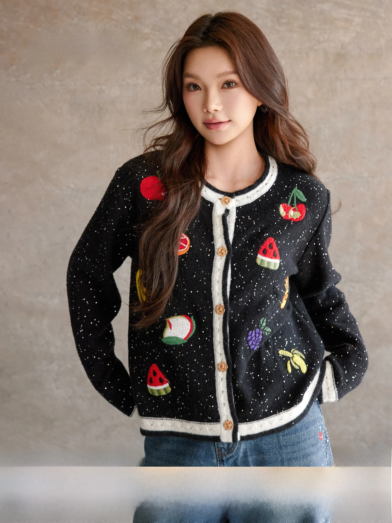 

Женский вязаный кардиган Fruit Par с вышивкой, свободного кроя, с круглым вырезом, повседневная верхняя одежда на весну, с длинными рукавами