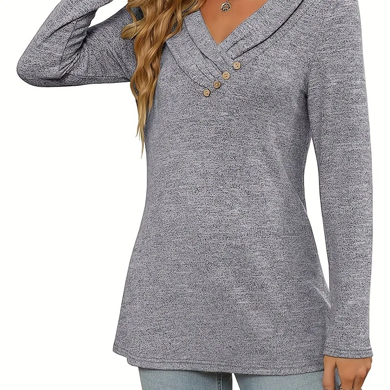 Long Sleeve Pullover Top Regular Length Socialite Style with Nameless Noblewoman Style Crossed Neckline T Shirts for Women
