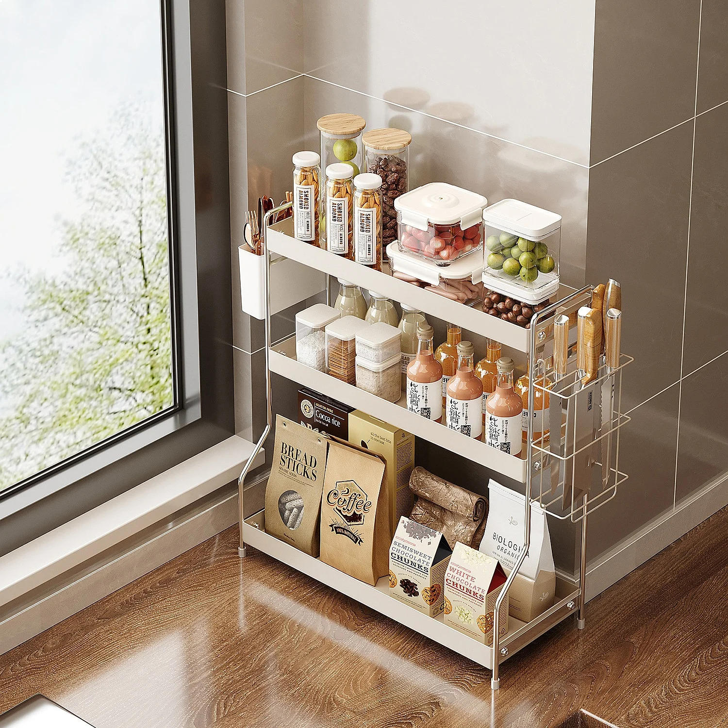 Multilayer No-Drill Kitchen Spice Rack Corner Cosmetics Storage Organizer for Oil Salt Sauce Bottles