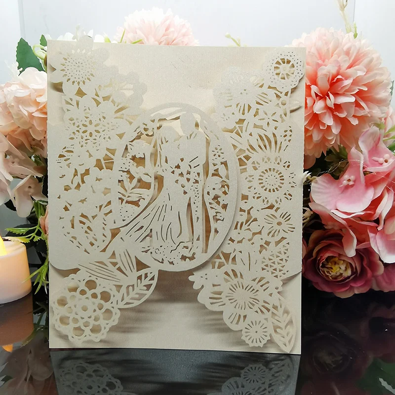 

50pcs Wedding Invitations Card Bride & Groom Flowers Pocket Invitation Greeting Card Wedding Mariage Party Supplies Decorations