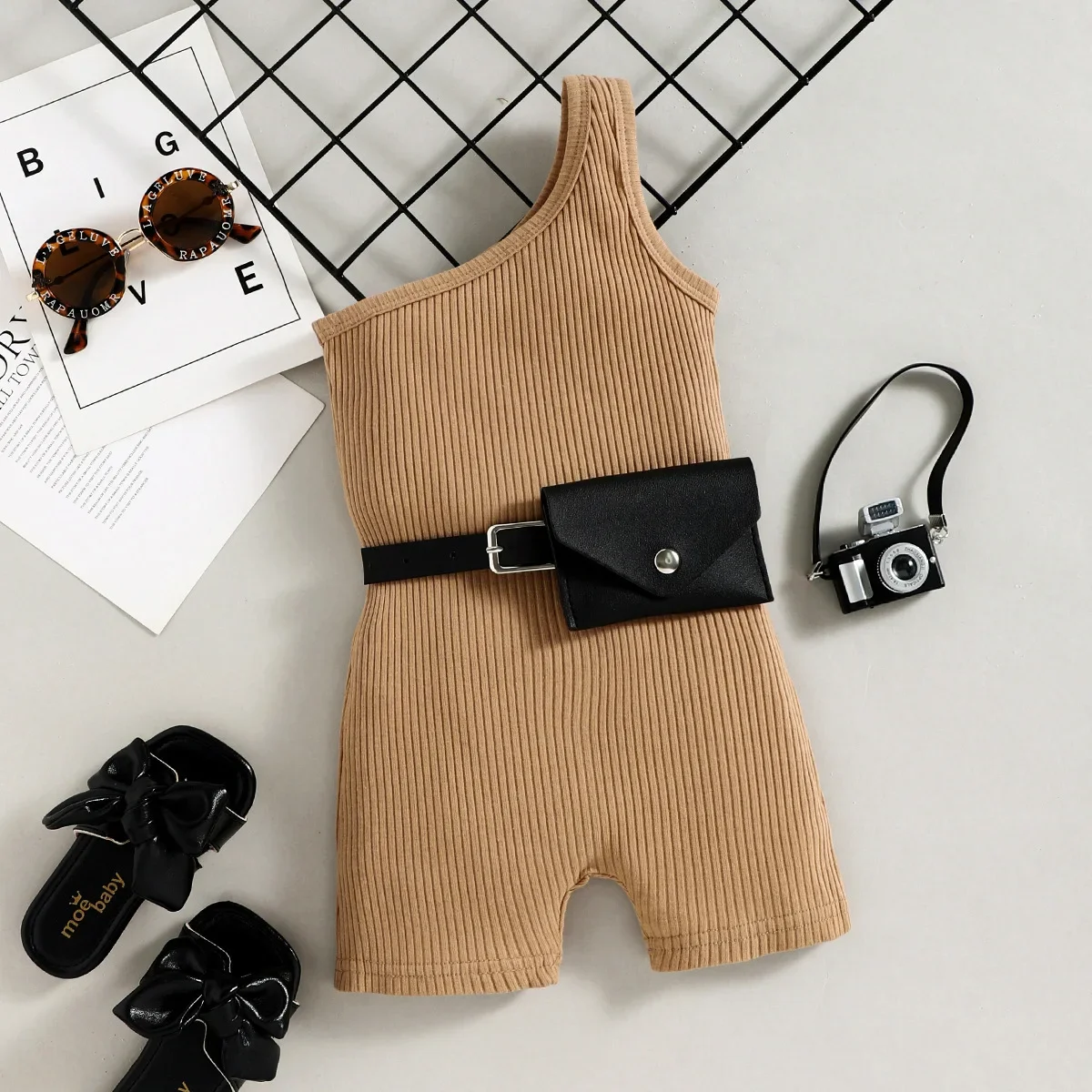 

Kids Clothing Europe Snd United States Summer Solid Color Pit One Shoulder Pit Solid Color + Bag 2Pcs Girl Fashion Jumpsuit 1-6T