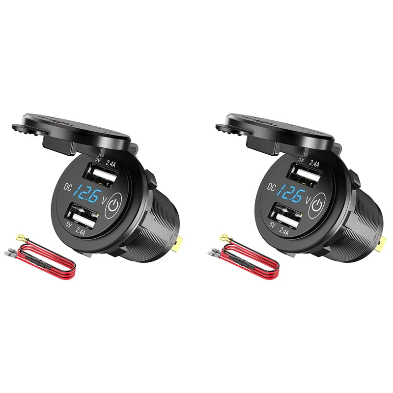 2X 12V USB Outlet, Waterproof 12V/24V 24W 4.8A Dual USB Charger Socket Power Outlet Adapter With LED Voltmeter Switch-ABJU