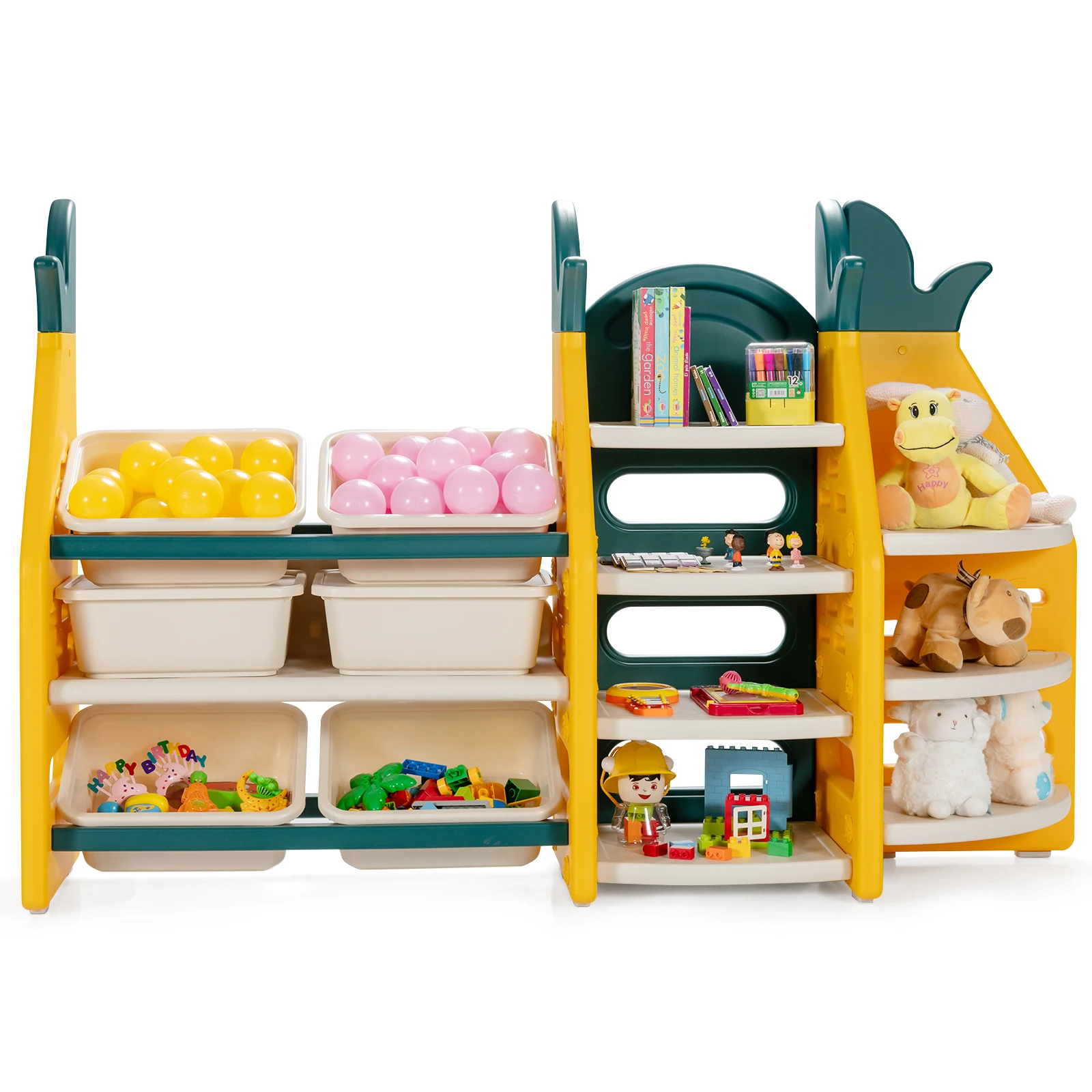 Honeyjoy 3-in-1 Kids Toy Storage Organizer Bookshelf Corner Rack w/ Plastic Bins