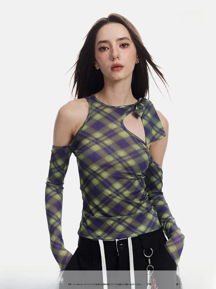

SEGI Early Autumn Plaid Long Sve Slim Fit Women's Base irt T-irt Sle oulder Exposure Inner Wear Top