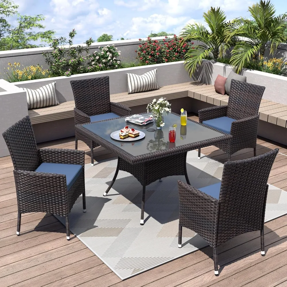 

5-piece terrace dining set, all-weather willow outdoor furniture set, with tempered glass tabletop and detachable cushion