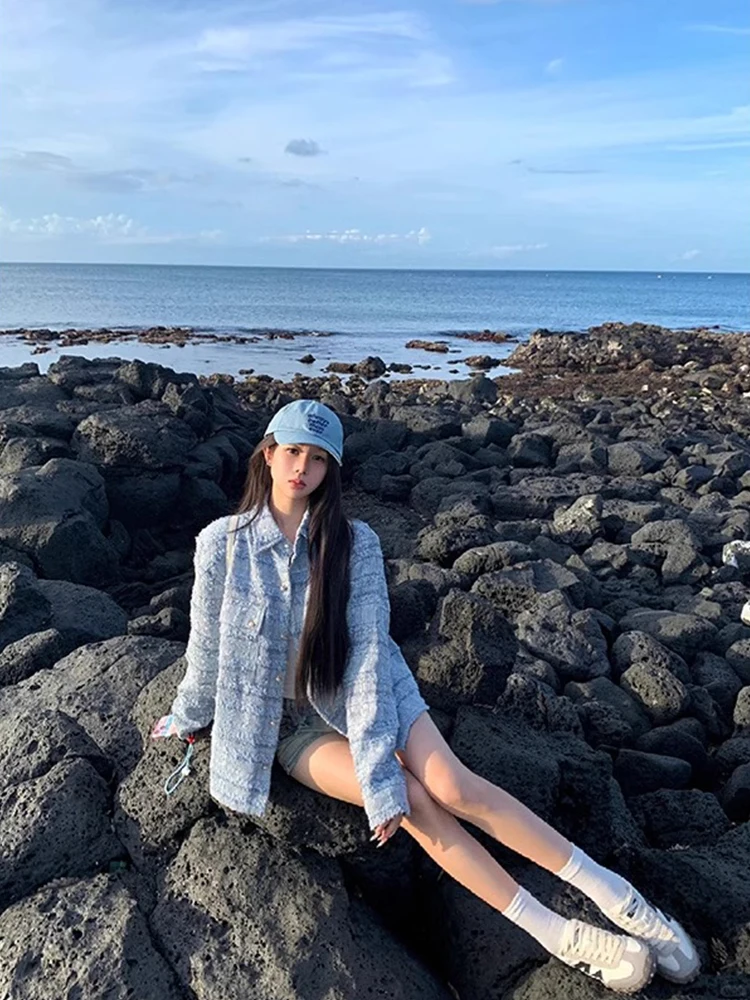 Blue Plaid Compact Fashion Outerwear Women's Spring Autumn Loose Style Korean Version Slimming Jacket Top Commute Style