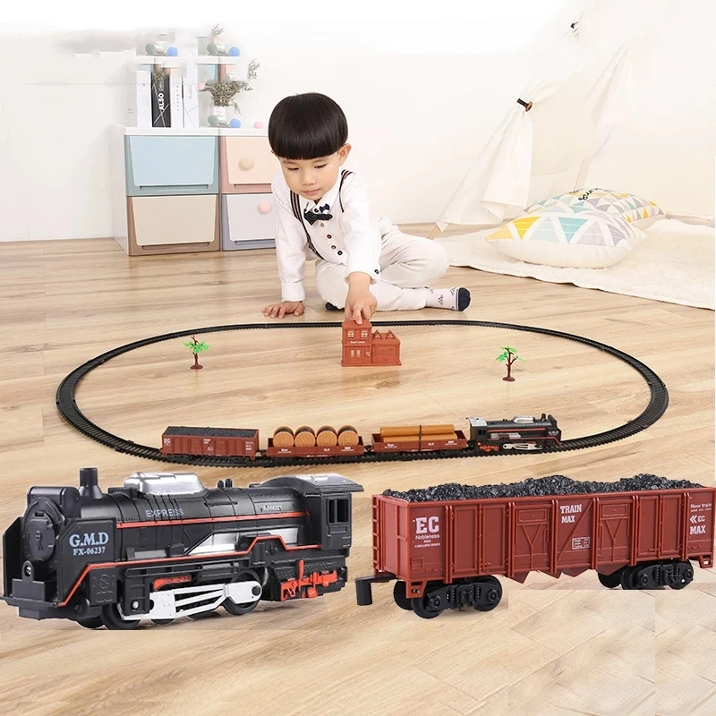 Battery Operated Railway Classical Freight Train Water Steam Locomotive Playset Simulation Model Track Toys for Children\'s Gifts