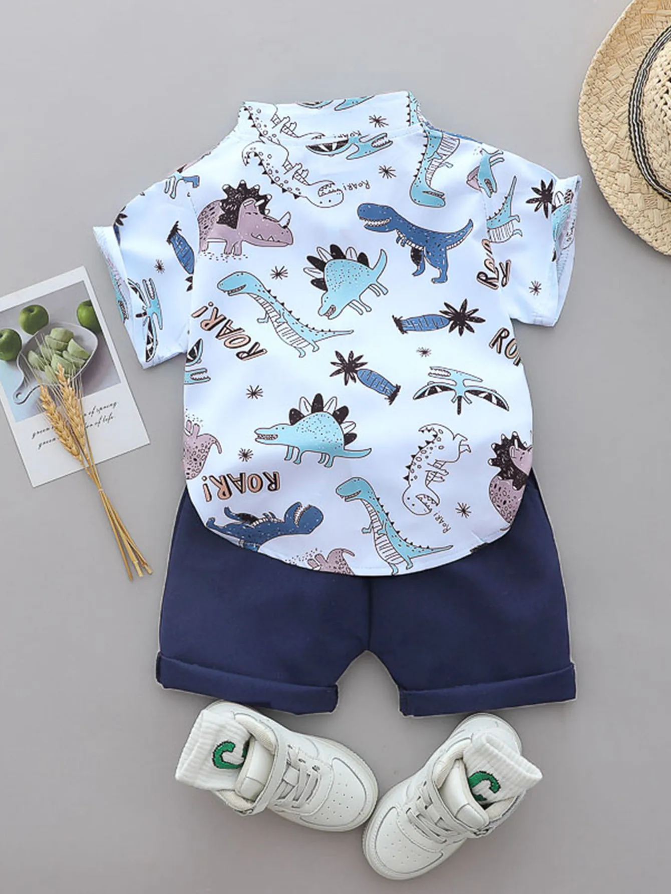 2PCS baby and toddler summer full print cartoon spotted dinosaur pattern stand up collar shirt short sleeved shorts set