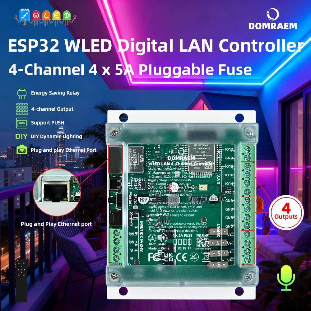 DOMRAEM 4-Kanal ESP32 Ethernet WLED-Controller für DIN-Schienenmontage, 30A 4x7,5A Unabhängige Sicherungen, WiFi Musik-Sync WS2811/12 RGBIC Streifen DIY – Detail 3