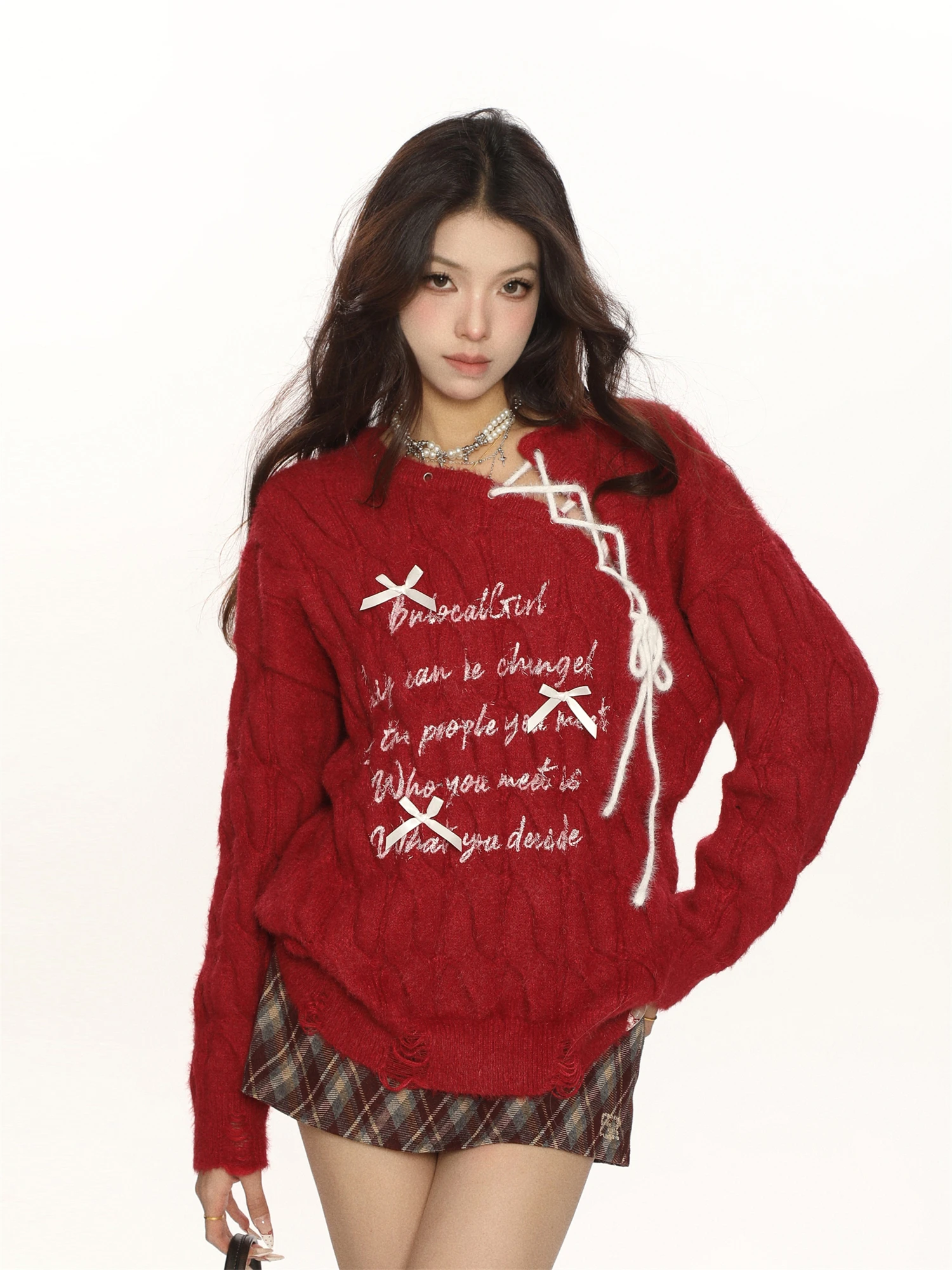 

Women's Multi-color Cable Knit Sweater Lace-up Design Bow Decor Letter Print Trendy Streetwear Casual Fashion Top 2025