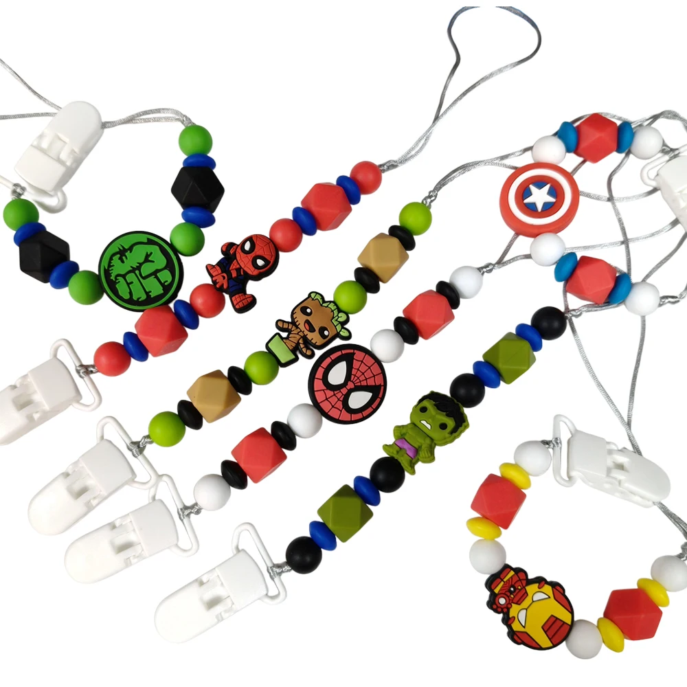 

1PC super hero spiderman the hulk iron man Deadpool Groot Silicone bead baby Pacifier Chain Clips Dummy Nipples Holder Chain