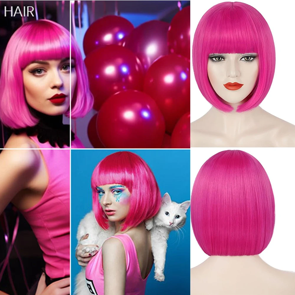 Synthetische Perücke, kurzer Bob, maschinell gefertigte Ponyfrisur für Damen und Mädchen, bunt, glatt, für Cosplay, Partys, Halloween-Kostüme, Alltag.