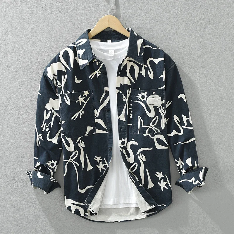 

2024 New Print Oversize Shirts for Men Breathable 100% Cotton Tops Plus Size Men's Clothing