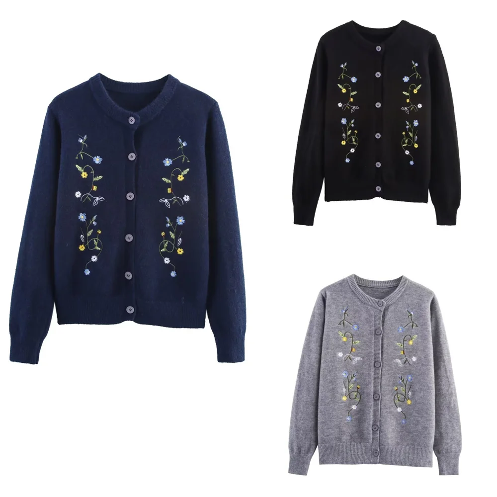 

Женский осенний новый продукт с вышивкой и круглым вырезом, однотонный вязаный кардиган, повседневное пальто с длинными рукавами