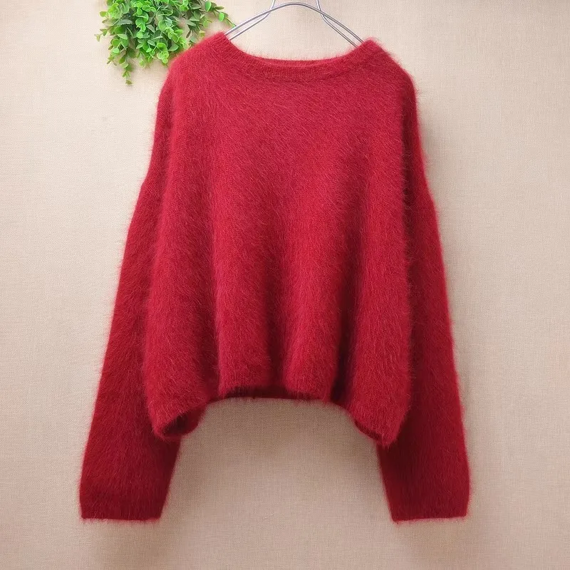 السيدات النساء الخريف الشتاء الملابس شعر المنك الكشمير محبوك س الرقبة طويلة مضيئة الأكمام فضفاضة البلوز سترة البلوز سحب الأعلى