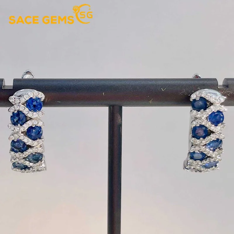 SACE GEMS-pendientes de plata de ley 100% para mujer, joyería fina con Clip para la oreja de zafiro de 3x3MM, para fiesta de boda, 925