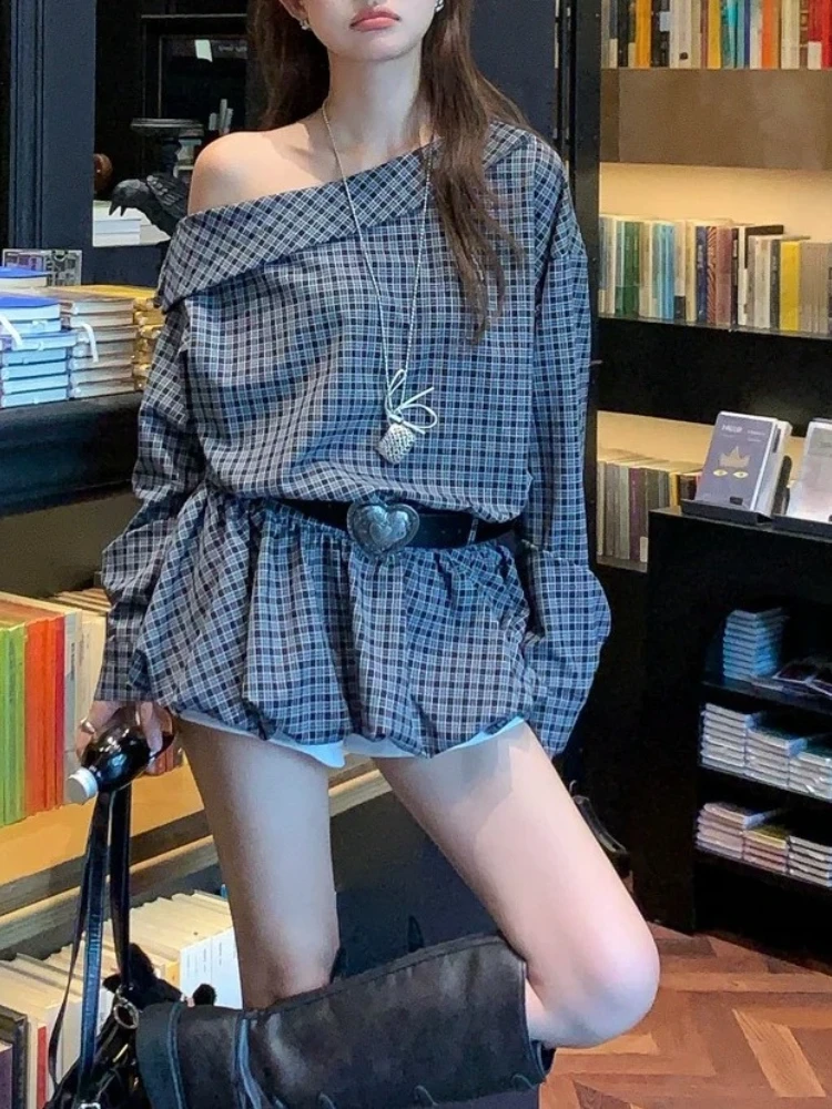 Sukienka w stylu vintage damska jesienna sukienka koszulowa w kratę z odkrytym ramieniem dopasowana w talii retro szykowna koreańska elegancka odzież uliczna