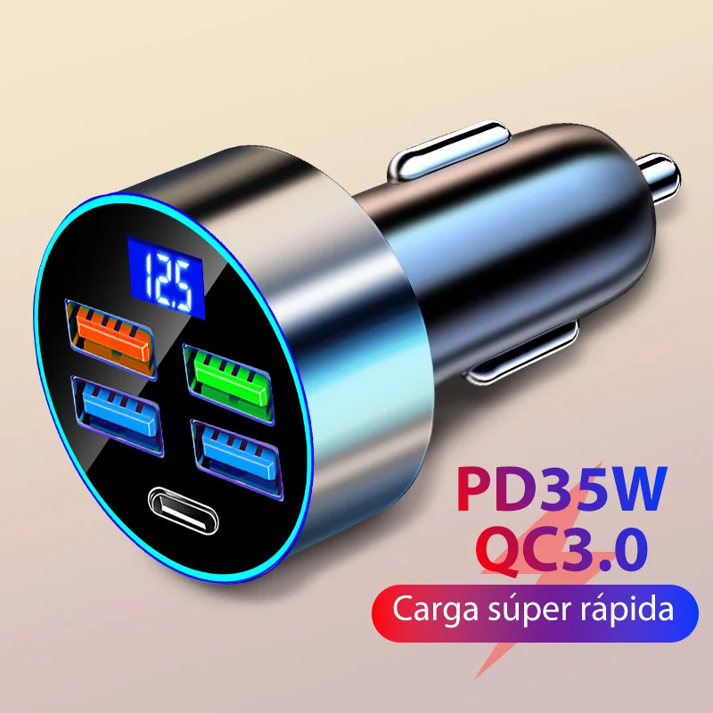 Fast Charge Car Charger Voltage Protection Mobile Phone Adapter With USB Type-c 5 Interfaces For iPhone Samsung Xiaomi Huawei