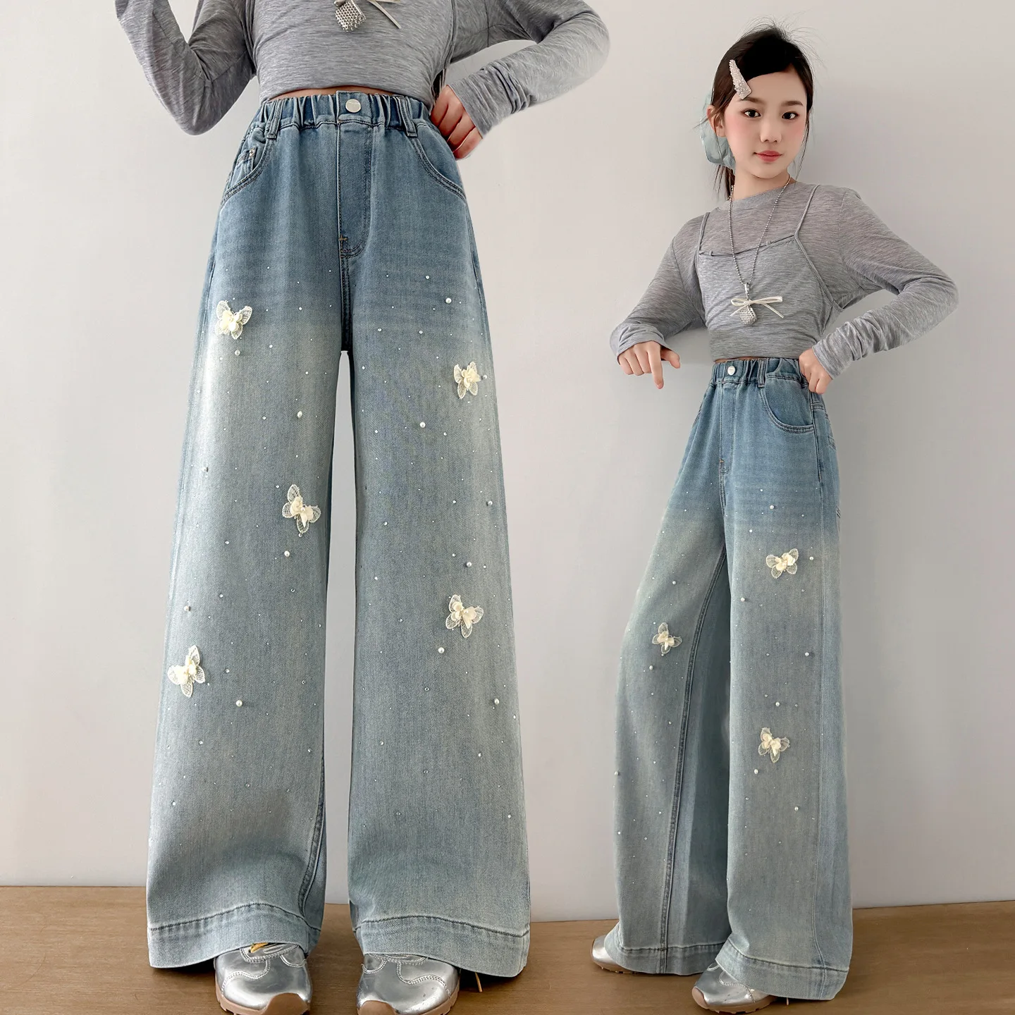 Girls' jeans with rhinestone nail bead Bow spring autumn new,Teens children's straight leg denim pants Kids loose casual pants