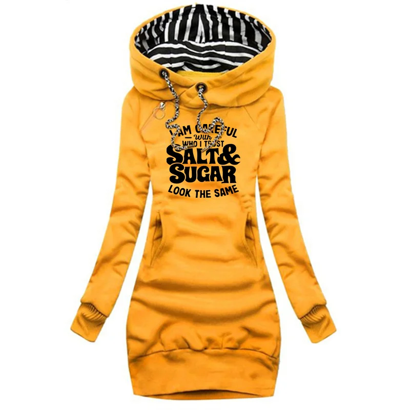 أنا نذر محذر من أن أثق بالملح والسكر تبدو نفس الطباعة للخريف والشتاء فستان نسائي بقلنسوة