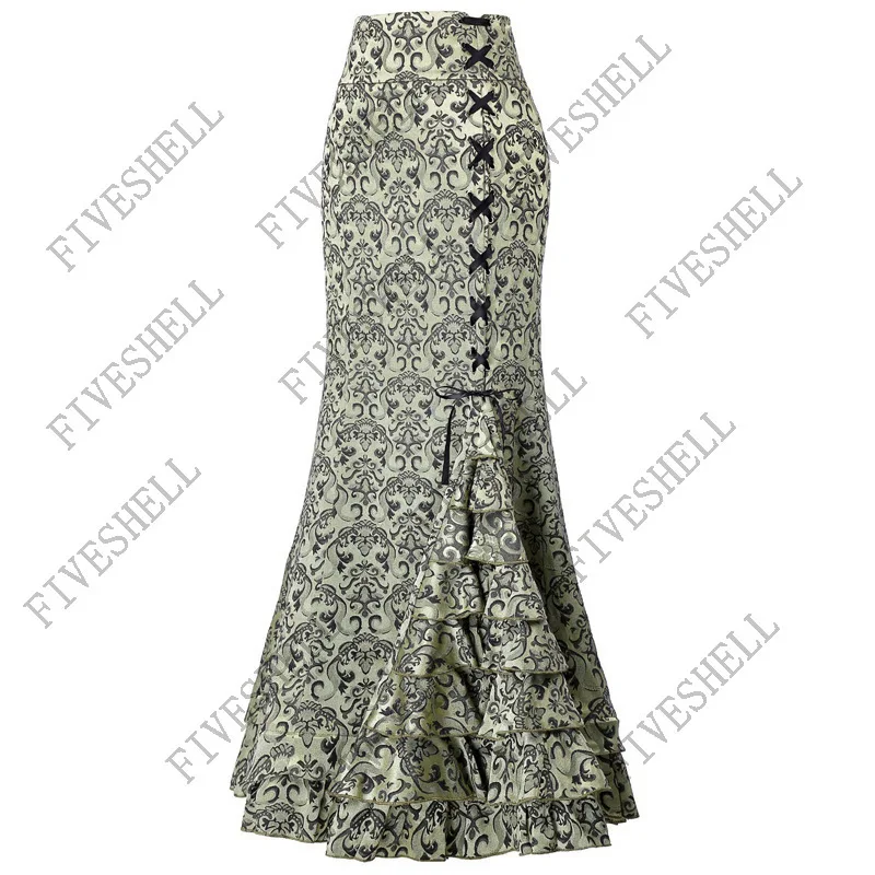 Medieval Gothic Vintage Fishtail Skirt High Waist Slim Floral Print Retro Long Bodycon Spring Autumn Ruffe Bandage Mermaid Skirt