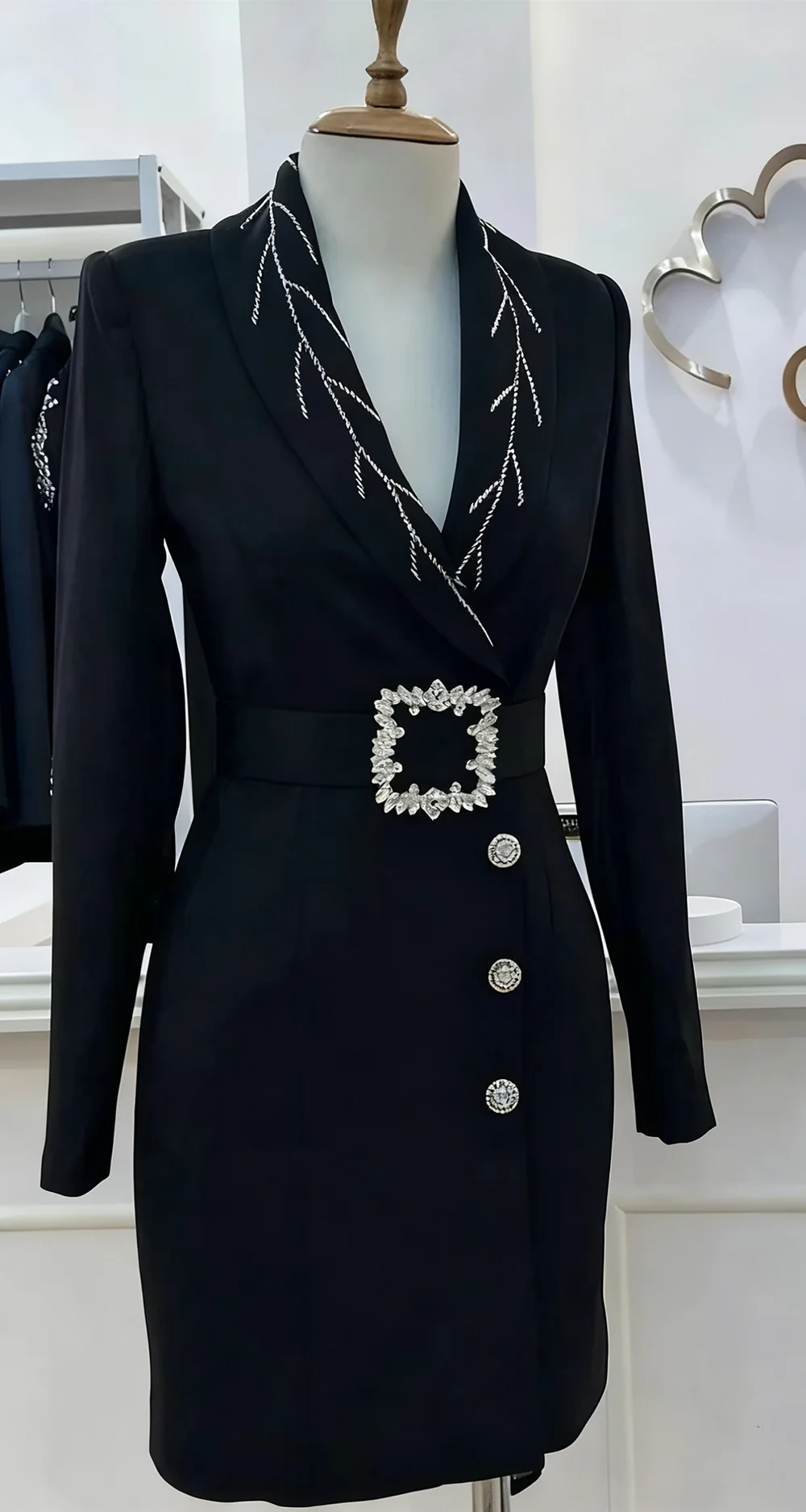 Robe Blazer Vintage à paillettes pour femmes, coupe cintrée, ceinture en cristal, veste de poche, tenue de soirée personnalisée pour dame de bureau