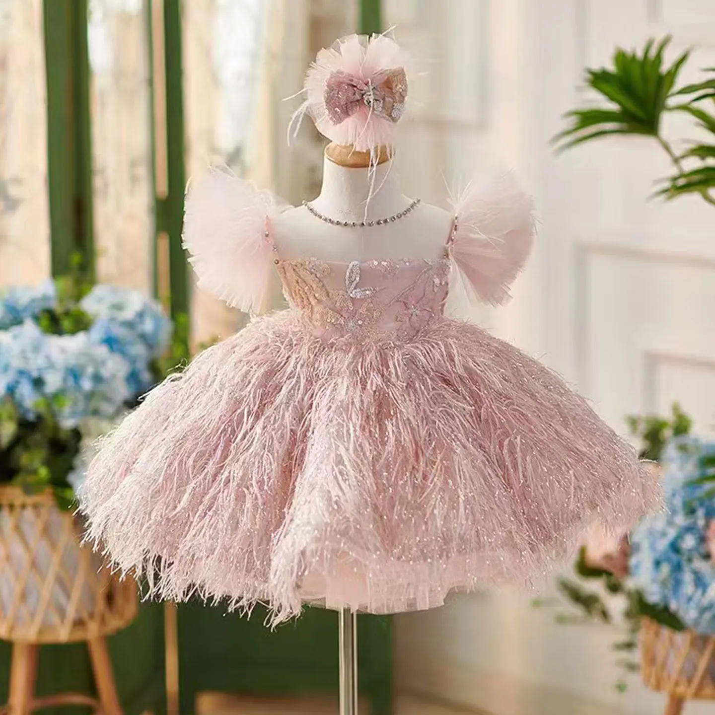 

Jill Wish Elegant Pink Flower Girl Dresses with Hairband Feathers for Baby Kids Wedding Birthday Communion Party Pageant J082