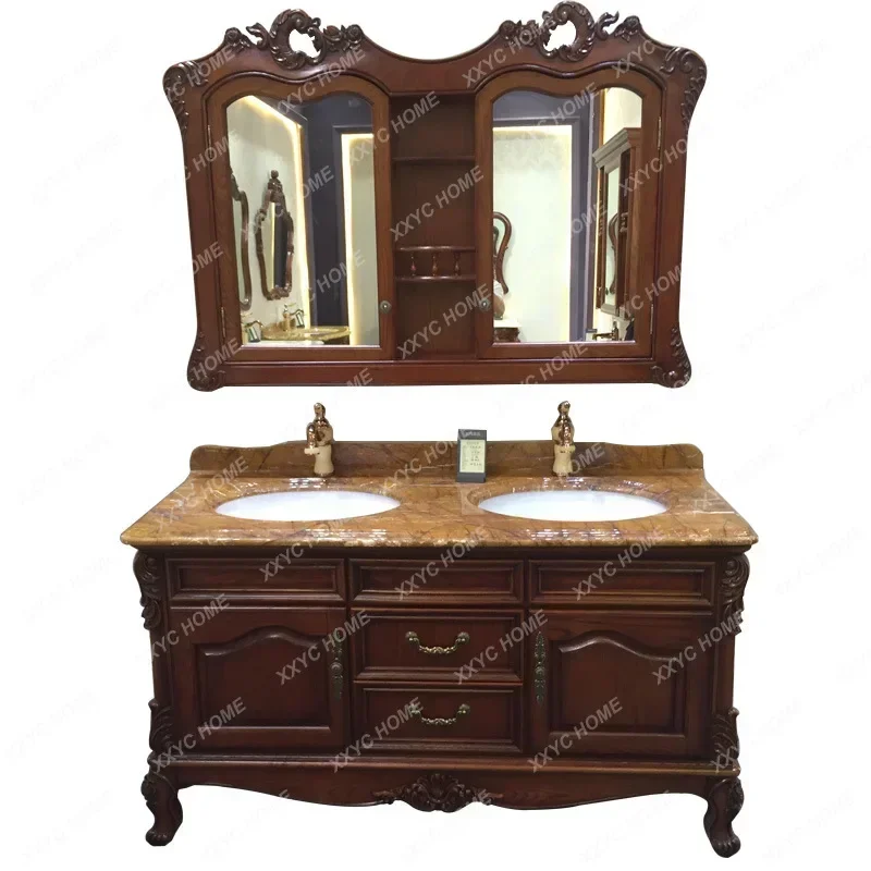 

European-Style Bathroom Cabinet Solid Wood Carved Bathroom Cabinet Oak Antique Washbasin Cabinet