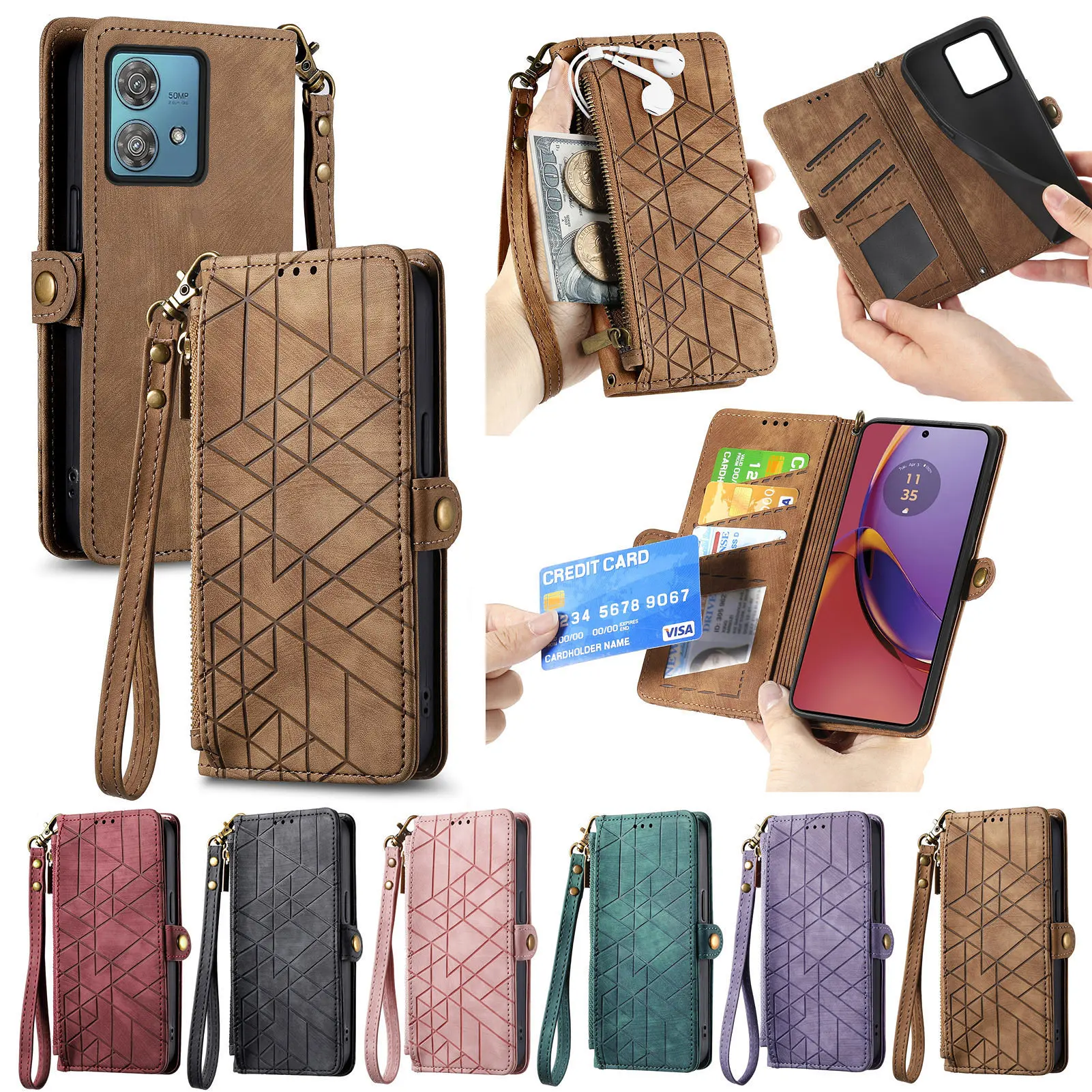 Étuis de téléphone adaptés aux modèles Motorola MOTO G73/86/85/84 - Housse à rabat géométrique à adhérence magnétique antivol, en cuir, avec fermeture manuelle