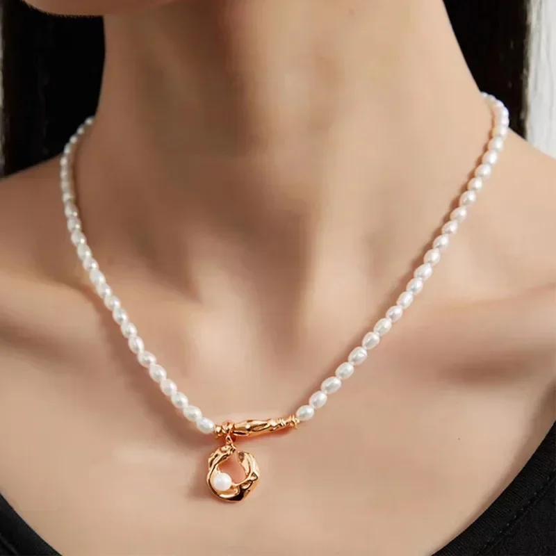 Pearl Golden Necklace For Women Natural Freshwater Pearls Pendant Necklace Original Design Jewelry Teen Gift