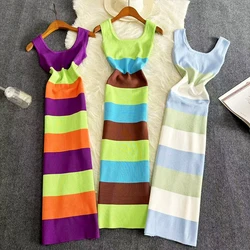 2024 Stripe Rainbow Summer Elastic Bodycon Dress Sexy Beach Sundress Women Casual Slim Pencil Vestidos Maxi Long Dress