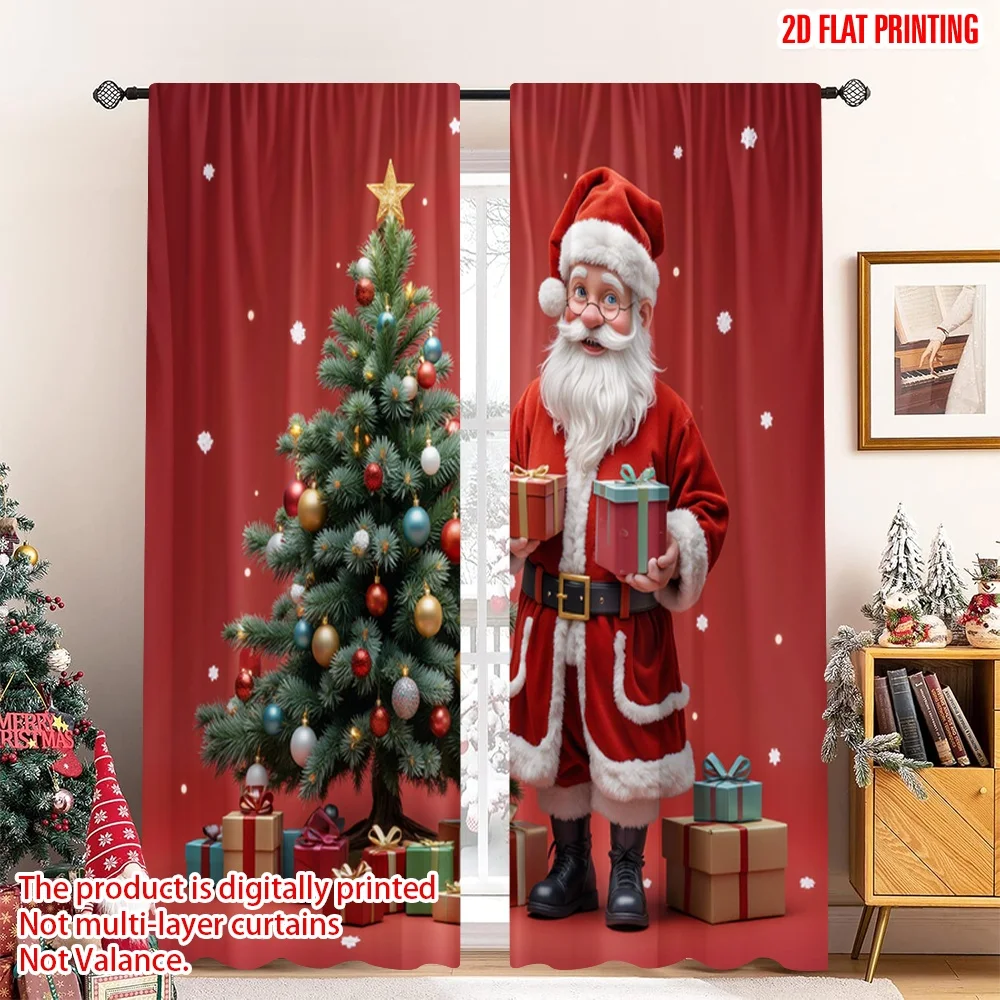 

2pcs 2D flat printing Christmas Curtains Santa Christmas Gift Presents 100% Polyester Without Electricity Festive Holiday Use