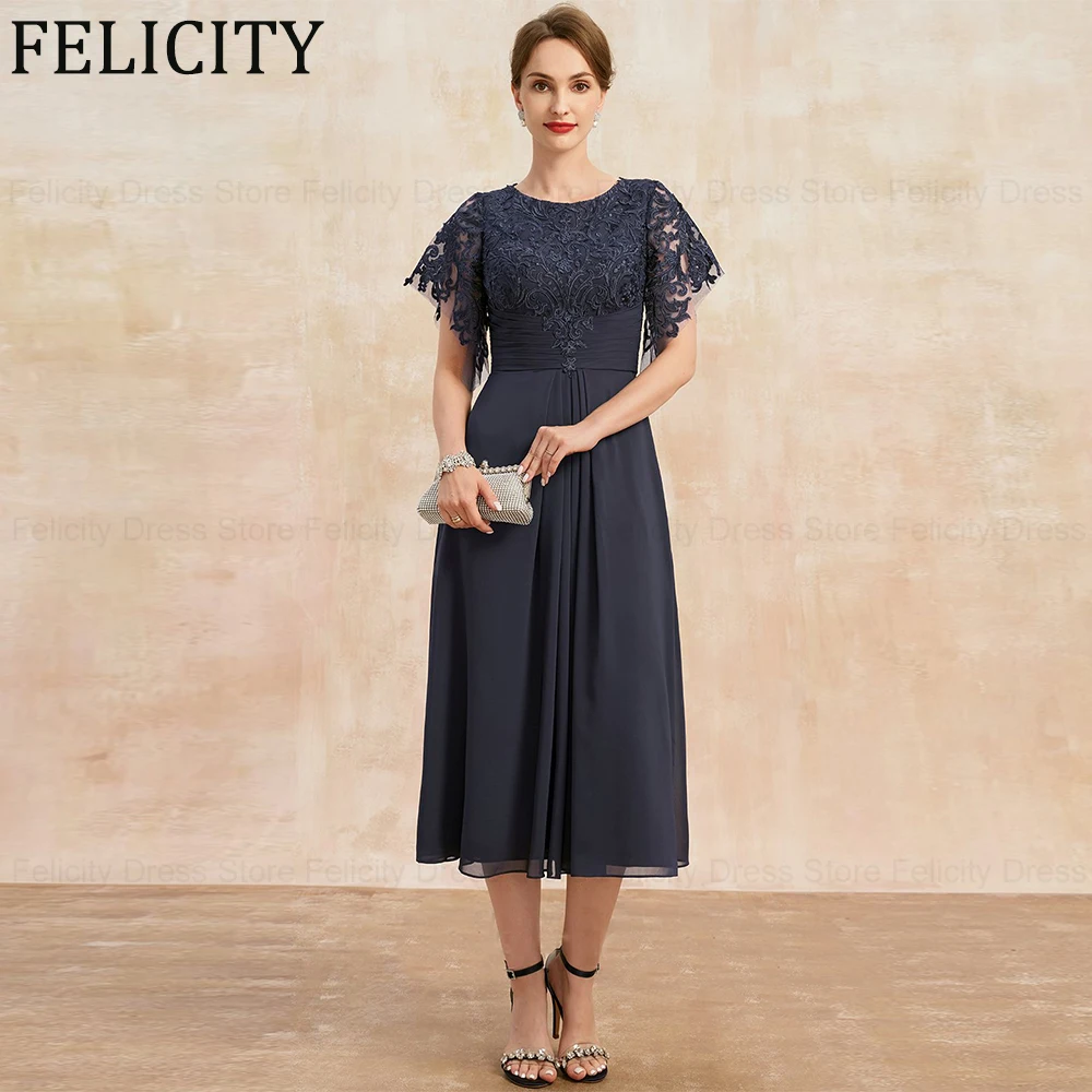 

FELICITY Elegant Mother of the Bride Dress 2024 A-line Scoop Tea-Length Wedding Guest Dresses Chiffon Lace Pleated Evening Gowns