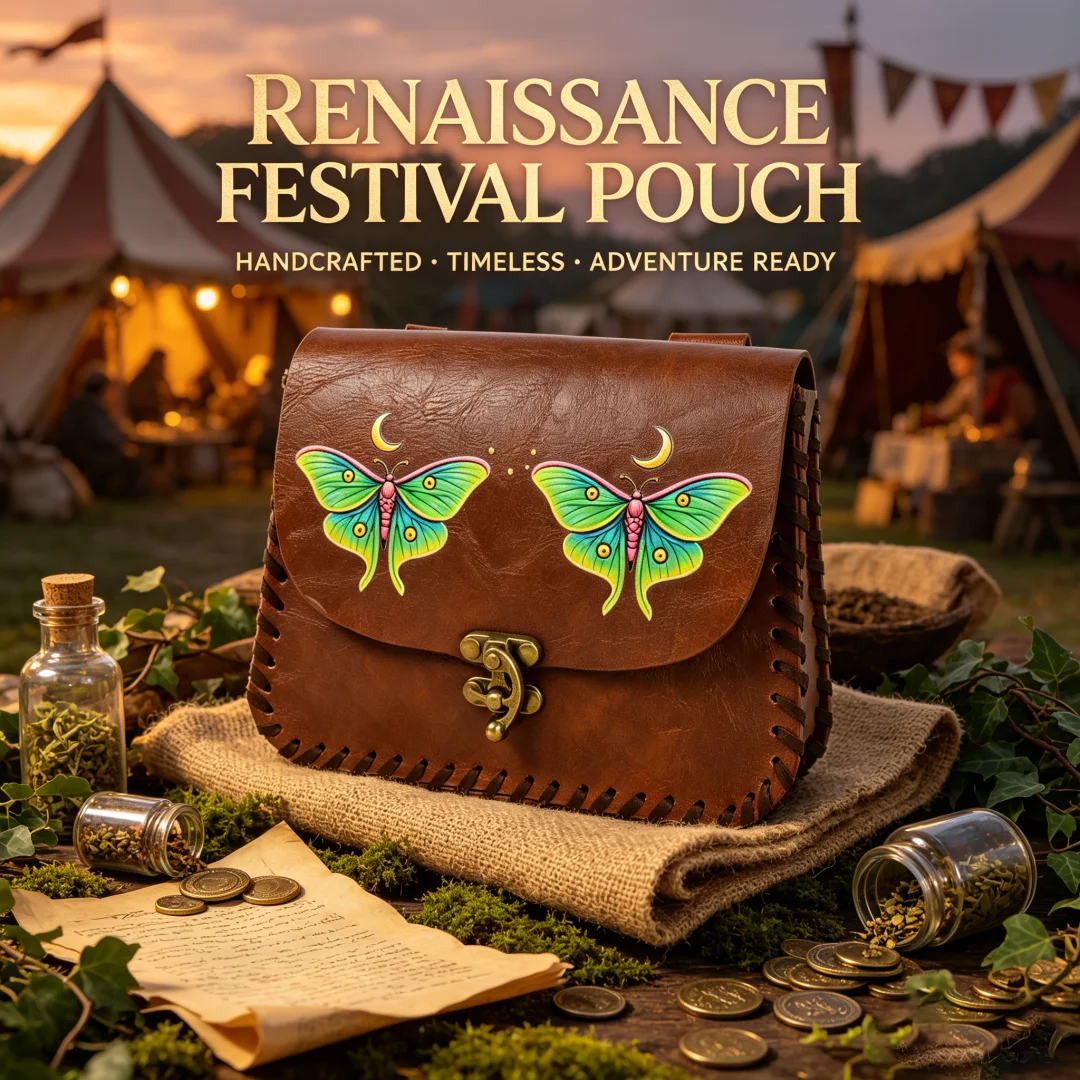 Vintage Moon Butterfly Print Distressed Faux Leather Belt Pouch, Medieval Renaissance Festival Waist Bag, Forest Fairy LARP Cosp