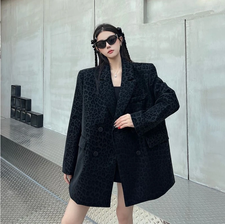 Black Leopard Print Blazer Spring Autumn New Niche High-End Silhouette Padded Shoulder Suit Jacket Women Korean Streetwear