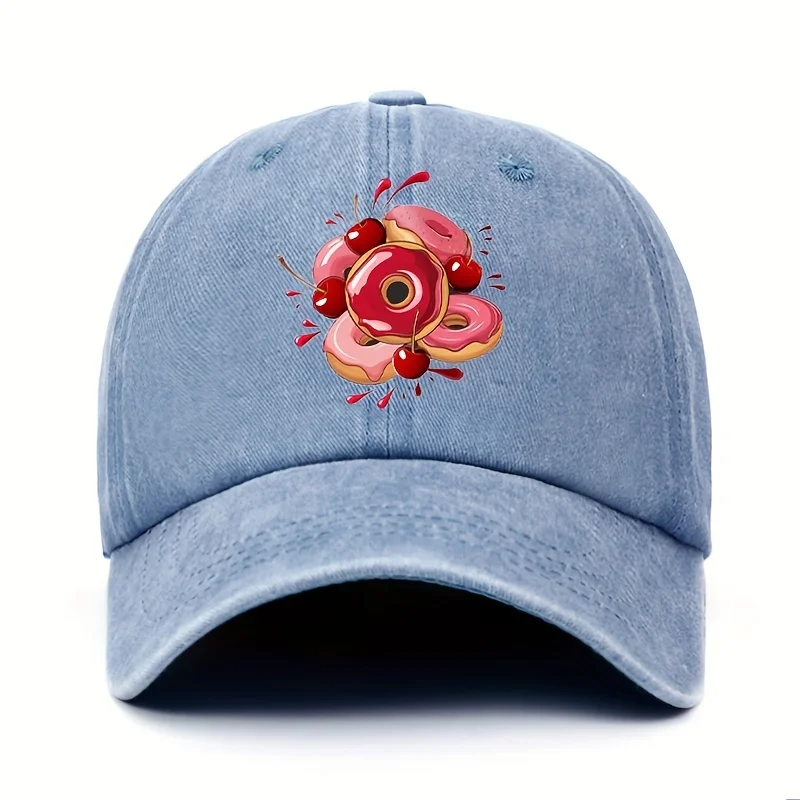 A Stylish Women'S Baseball Cap Featuring a Delightful Pink Cherry Donut Print, Made of Adjustable in an Urban European Style
