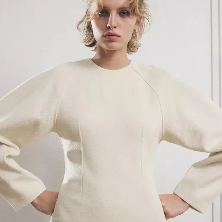 秋冬新作 レディース カジュアル バブルスリーブ ルーズ 長袖 ラウンドネック ショートドレス ポリエステル繊維00%