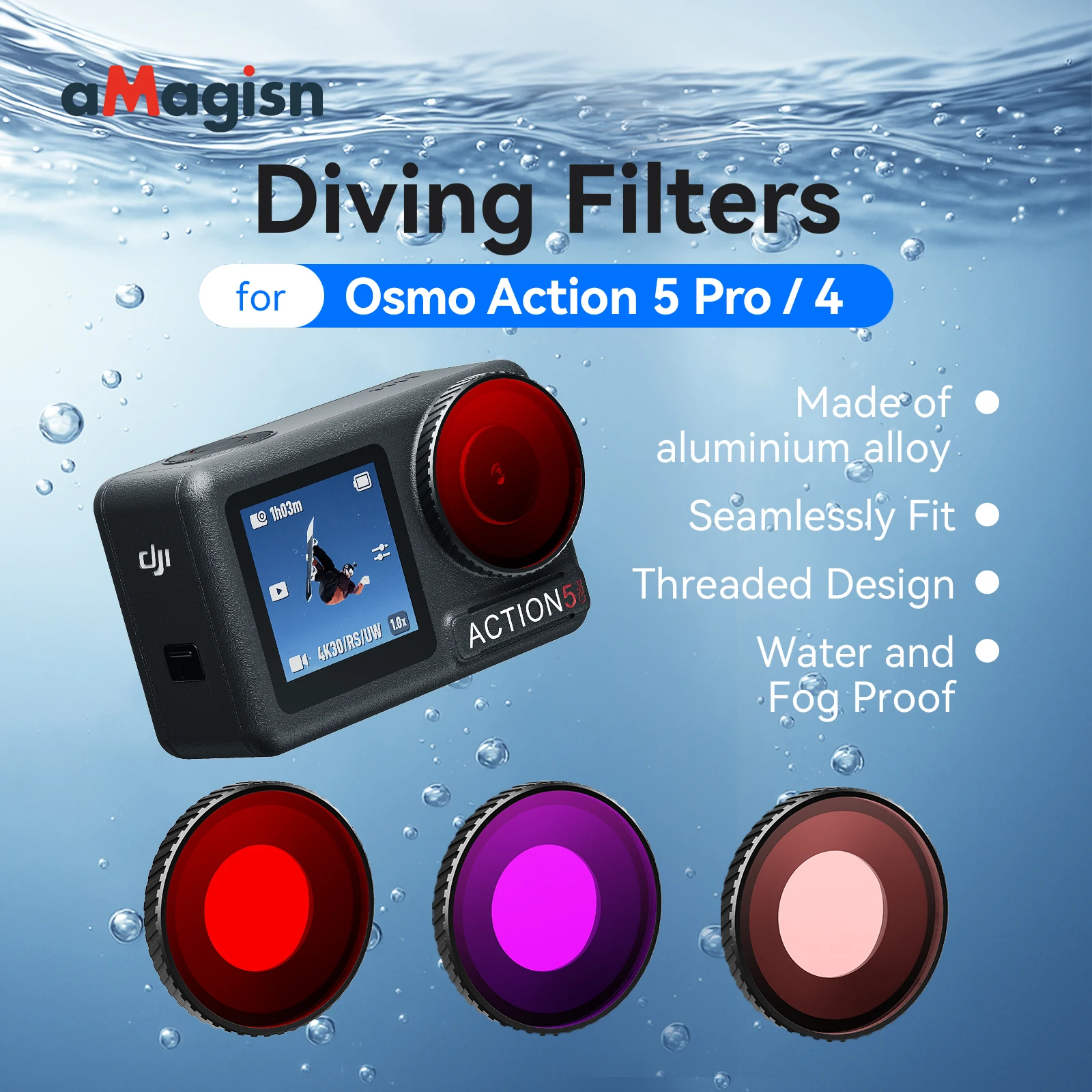 AMagisn filtre de plongée filtre de Correction de couleur sous-marine filtres d'objectif rouge/rose/violet pour accessoires DJI Osmo Action 4 5 Pro