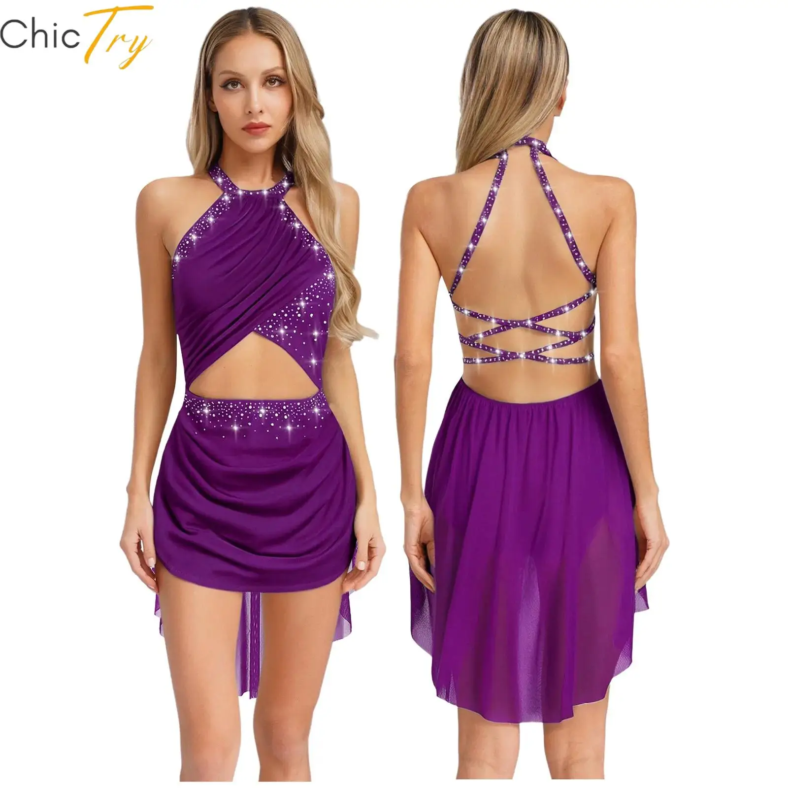 Damska sukienka baletowa do tańca lirycznego, bez rękawów, z odkrytymi plecami, z siateczki, z dżetami, błyszczący kostium gimnastyczny na występy tańca współczesnego.